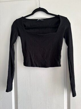 ZARA Black Ribbed Square Neck Long Sleeve Crop Top Size M